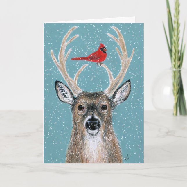 Deer, Cardinal, Neige, Noël Carte de vacances (Devant)