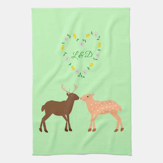Deer Couple und Daisy Heart Custom Geschirrtuch (Vertikal)