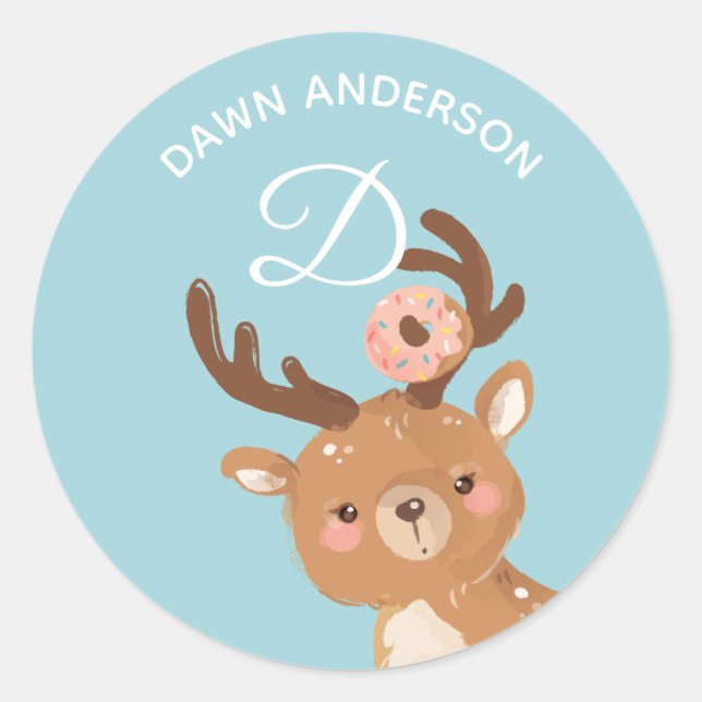 Deer Donut Alphabet Monogram Niedlich School Dayca Runder Aufkleber (Vorderseite)