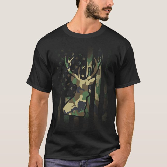Deer Elk Gift Camouflage American Flag USA Militär T-Shirt (Vorderseite)