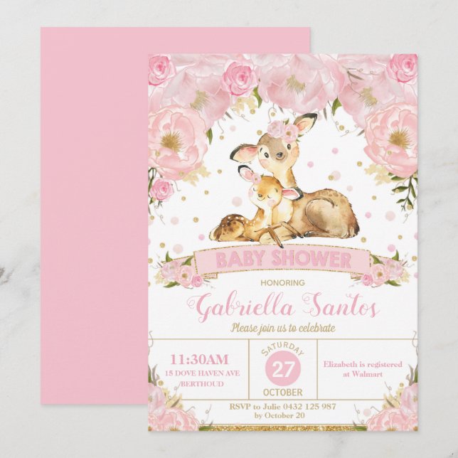 Deer Floral Baby shower Invitation fille (Devant / Derrière)