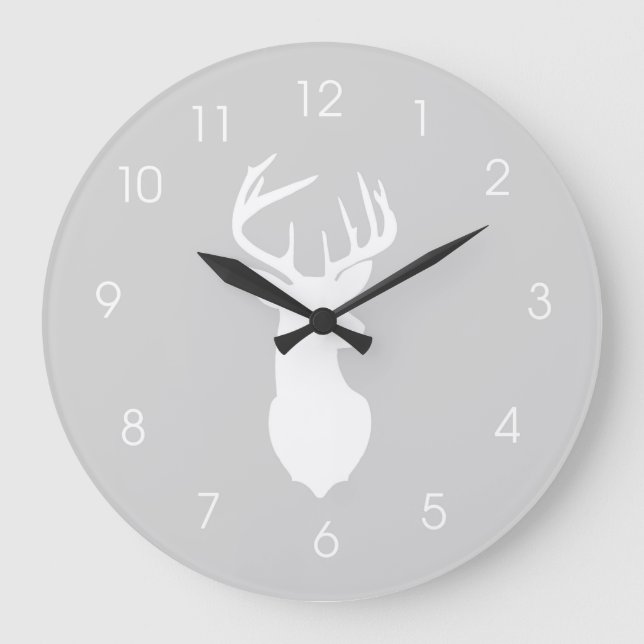 Deer Head Hunters Buck Wall Clock - Gray Große Wanduhr (Vorderseite)