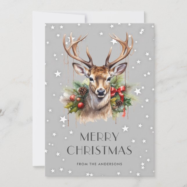 Deer Holly Stars Snowflakes Joyeuse carte de Noël (Devant)