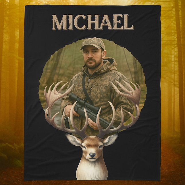 Deer Hunter Personalized Photo Camouflage Name Fleecedecke (Von Creator hochgeladen)