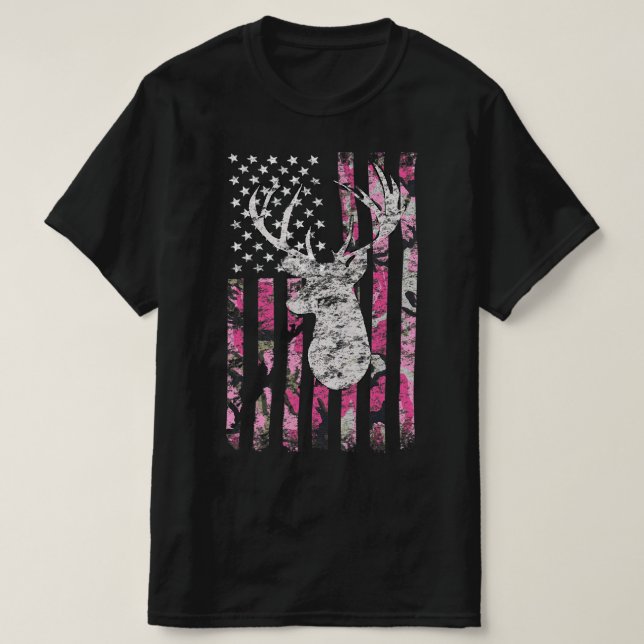 Deer Hunting Camo American Flag Pink Buck  T-Shirt (Design vorne)