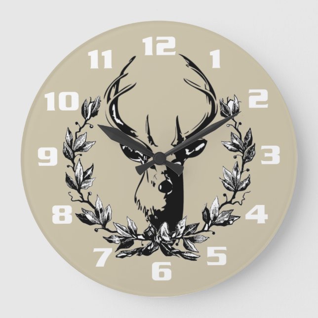 Deer in Laurel Leaves Große Wanduhr (Vorderseite)