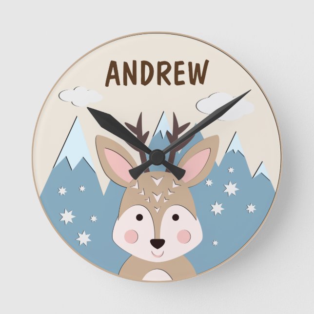 Deer In The Mountains Personalized Nursery Runde Wanduhr (Vorderseite)