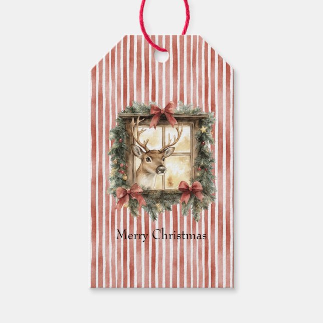 Deer in Window Red Stripes Bows Christmas Geschenkanhänger (Vorderseite)