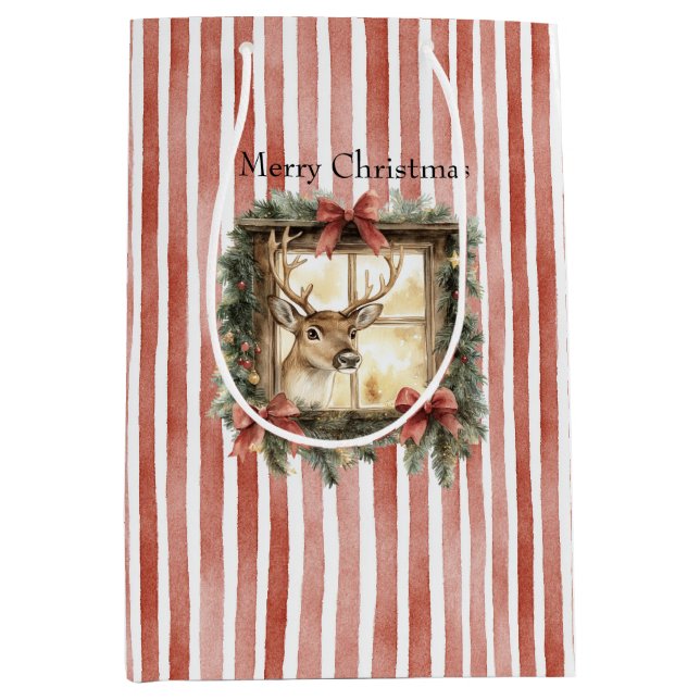 Deer in Window Red Stripes Bows Christmas Mittlere Geschenktüte (Vorderseite)