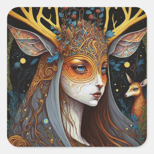 Deer Lady Fantasy Art Quadratischer Aufkleber