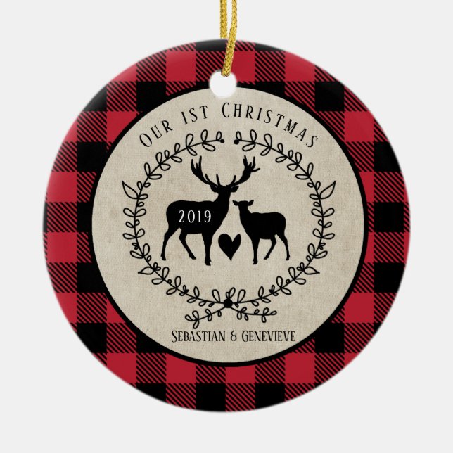 Deer Lumberjack Buffalo Kariert Rustikale Weihnach Keramik Ornament (Vorne)