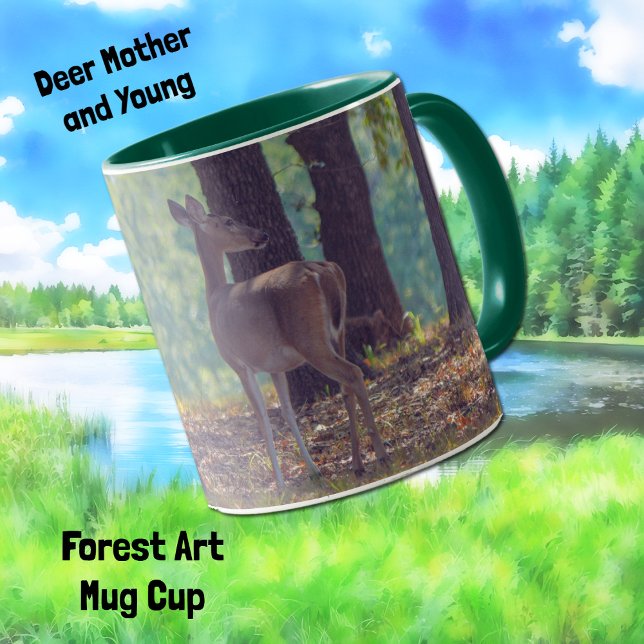 Deer Mother et Young Forest Art Mug Cup (A pretty mama deer in a forest with her baby on the other side and in an artsy style on a mug.)