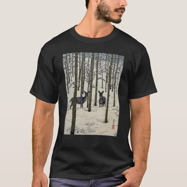 Deer Nara Forest Snow Winter Aspen Japanese Ukiyo  T-Shirt (Vorderseite)