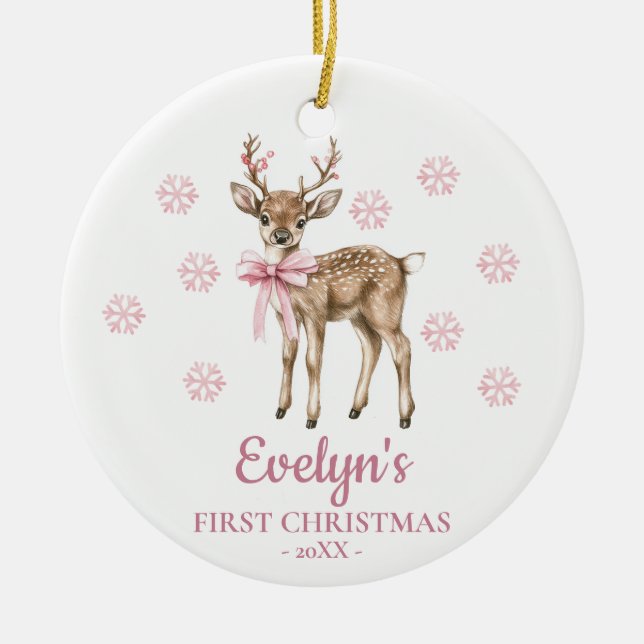 Deer Personalized Girl's First Christmas Keramik Ornament (Vorne)