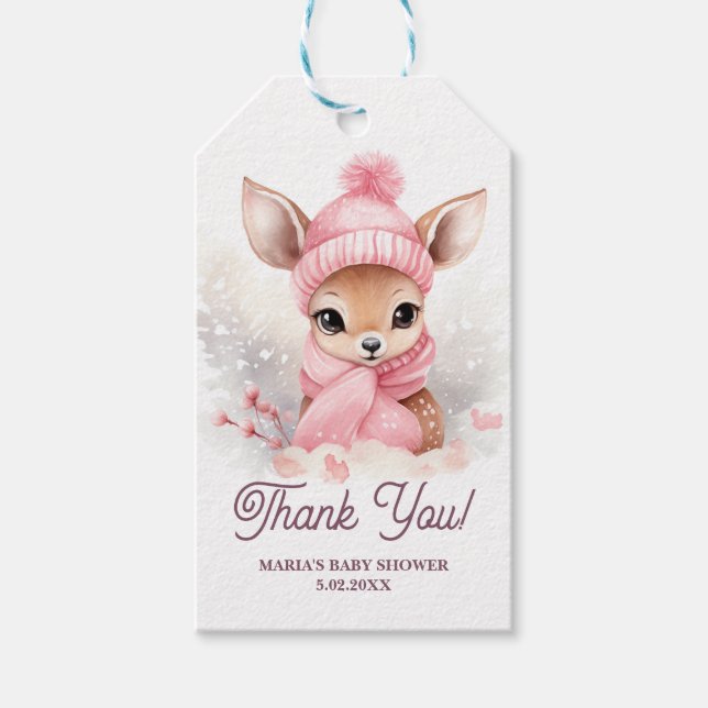 Deer Pink Hat Scarf WInter Wonderland Baby Party Geschenkanhänger (Vorderseite)