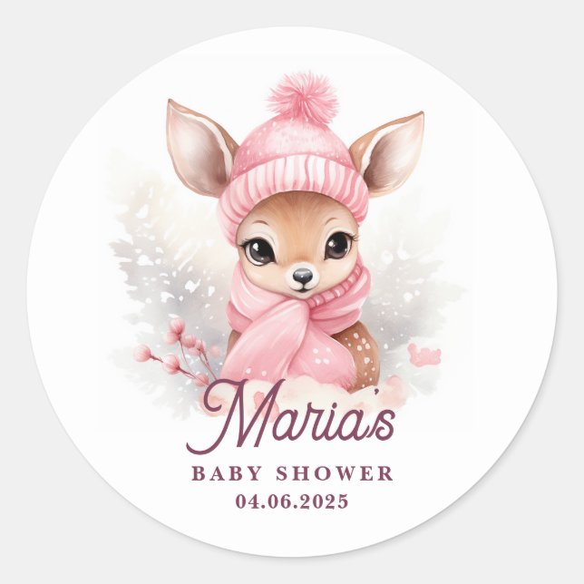 Deer Pink Winter Hat Scarf Girl Party Runder Aufkleber (Vorderseite)