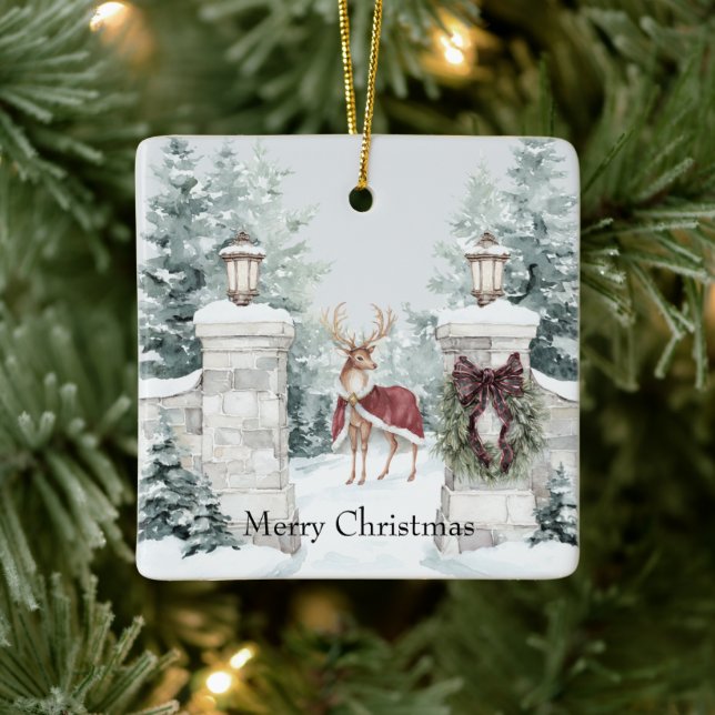 Deer Red Coat Snow Christmas Keramikornament (Baum)