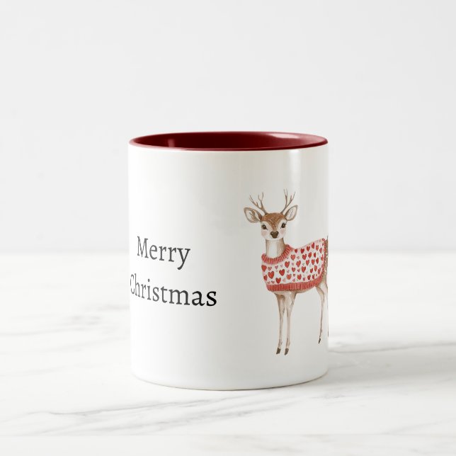 Deer Red Hearts Christmas Zweifarbige Tasse (Mittel)