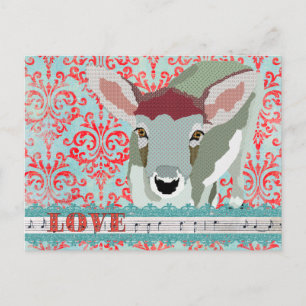 Deer Red & Turqoise Liebe Damask Postkarte