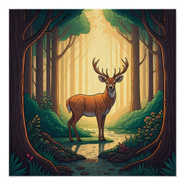 Deer standing by a stream in a forest poster (Vorderseite)