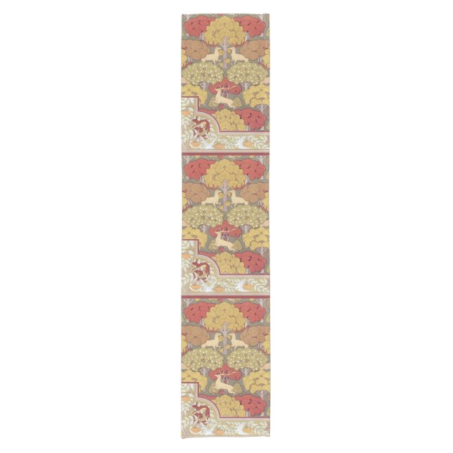 Deer &Tree Squirrel Bird Rowan Berries Art Nouveau Kurzer Tischläufer (Vorderseite)