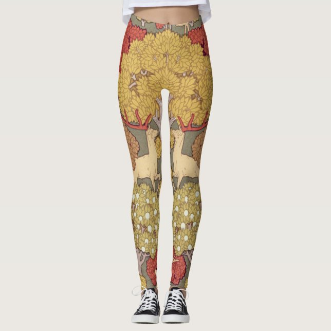 Deer &Tree Squirrel Bird Rowan Berries Art Nouveau Leggings (Vorderseite)