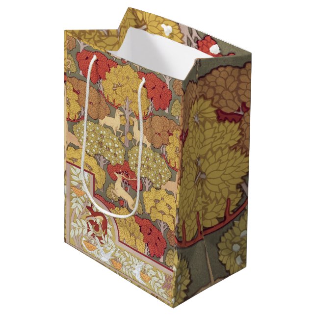 Deer &Tree Squirrel Bird Rowan Berries Art Nouveau Mittlere Geschenktüte (Vorderseite Schrägansicht)