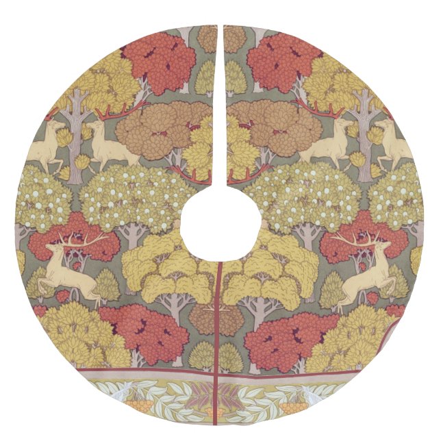 Deer &Tree Squirrel Bird Rowan Berries Art Nouveau Polyester Weihnachtsbaumdecke (Vorderseite)