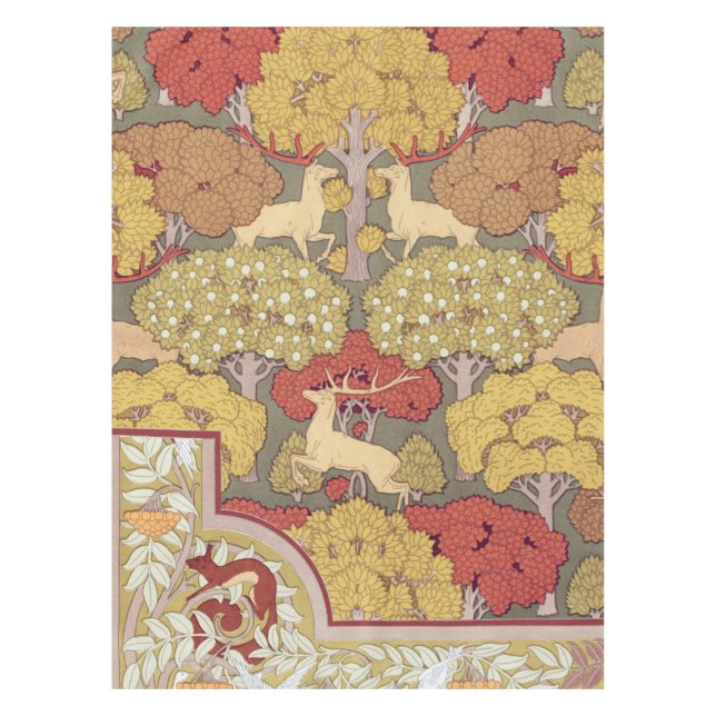 Deer &Tree Squirrel Bird Rowan Berries Art Nouveau Tischdecke (Vorderseite)