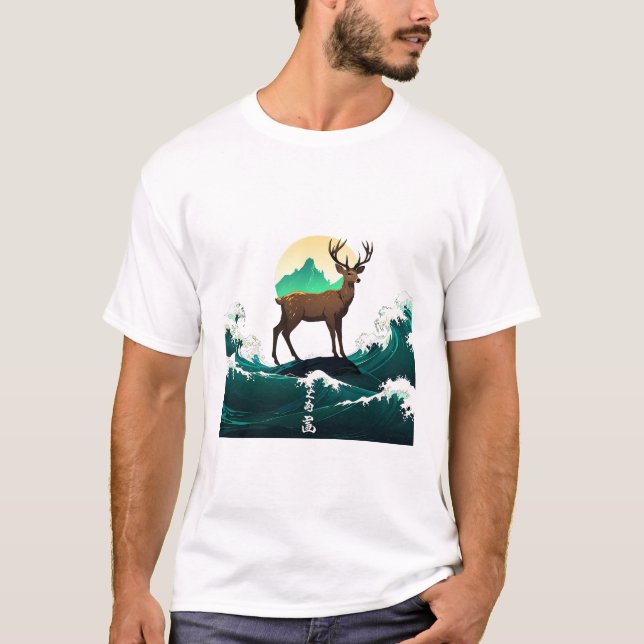 Deer Wave Art - Ukiyo-e Moonlight Design T-Shirt (Vorderseite)