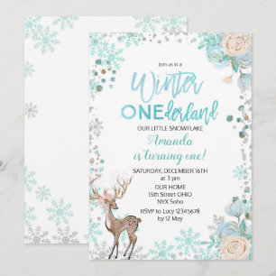 Deer Winter ONE derland Neige Birthday Invitation 