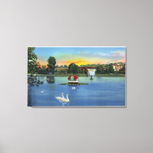 Deering Oaks Fotain und Duck House View Leinwanddruck (Vorderseite)