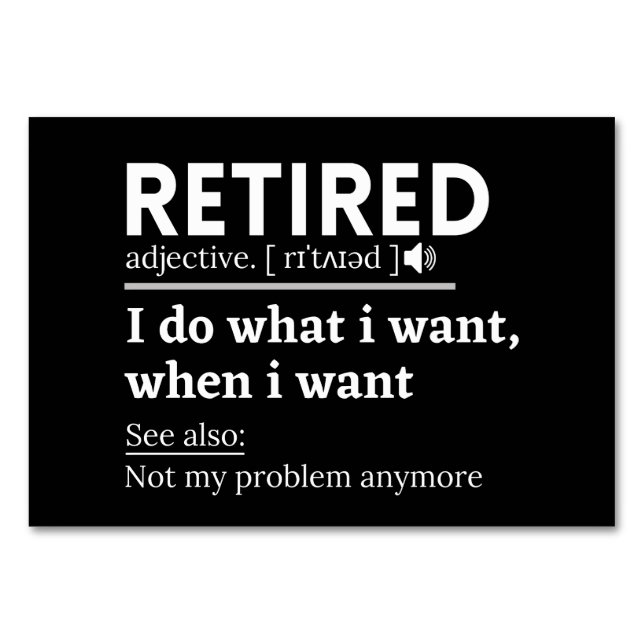 Definition im Ruhestand, komischer Ruhestand, Rent Tischnummer (Vorderseite)