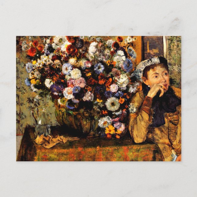 Degas - Eine Frau sitzt neben einer Vase von Blume Postkarte (Vorderseite)