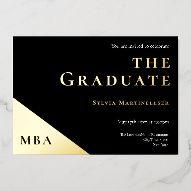 Degree Gold Black MBA Graduation Party Folieneinladung (Vorderseite)