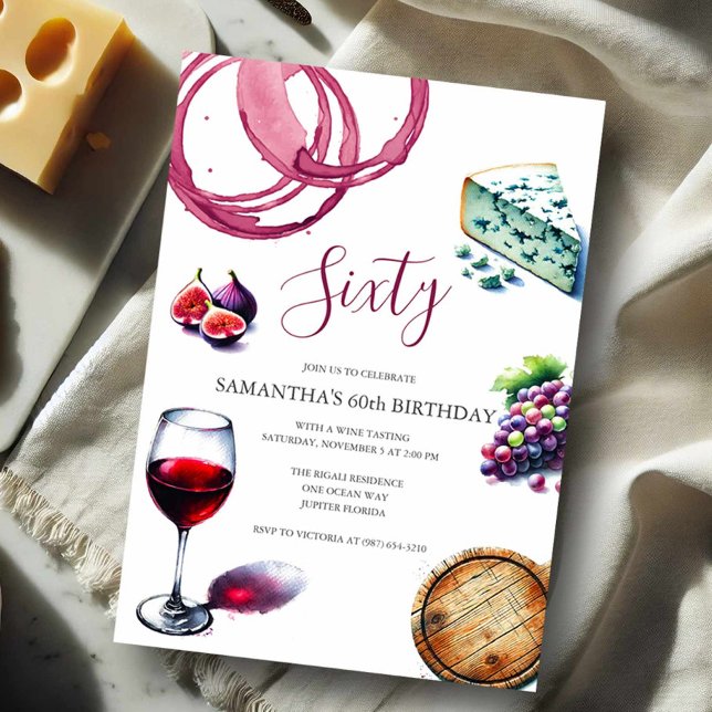 Dégustation de vin 60E ANNIVERSAIRE Invitation (60th Birthday party invitations watercolor charcuterie wine and cheese )