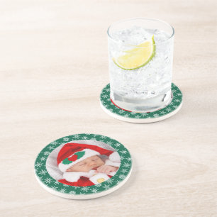 Dein Foto Santa Baby grüner Hintergrund Schneefloc Getränkeuntersetzer