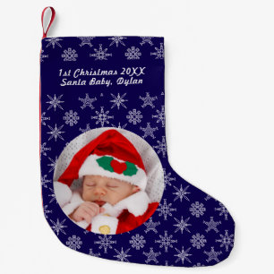 Dein Foto Santa Baby Schneeflocke & blauer Hinterg Kleiner Weihnachtsstrumpf