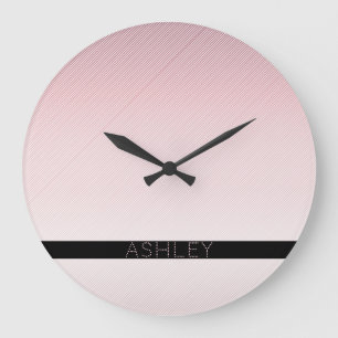 Dein Name   Dünne Rose Ombre & Weiße Streifen Große Wanduhr