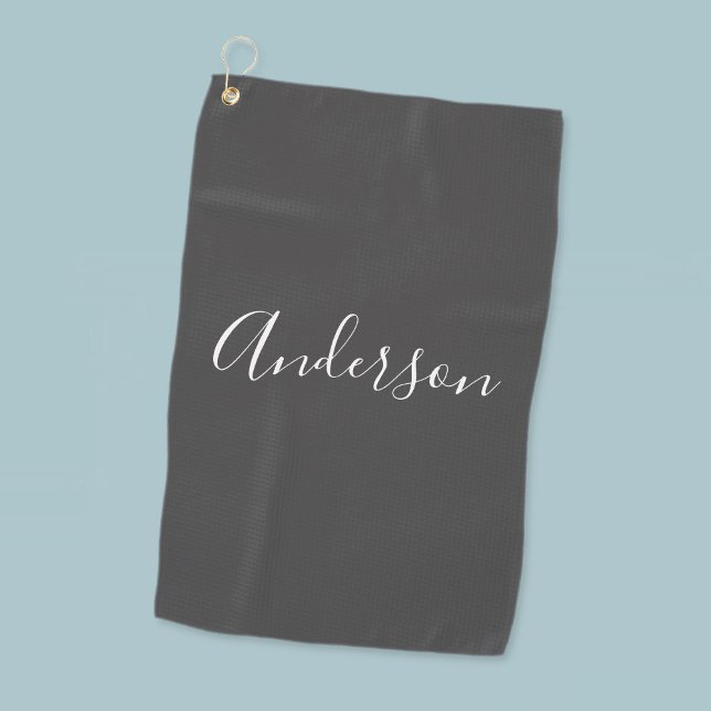 Dein Name | Elegantes weißes Script auf Grau Golfhandtuch (Von Creator hochgeladen)