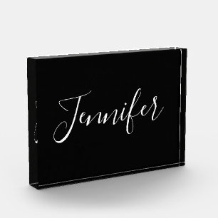 Dein Name   Elegantes weißes Script auf schwarz Fotoblock