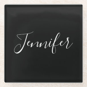 Dein Name   Elegantes weißes Script auf schwarz Glasuntersetzer
