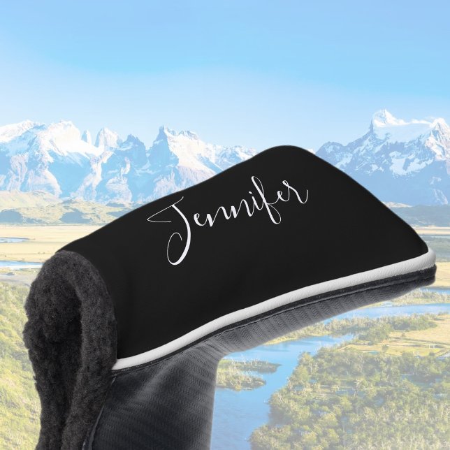 Dein Name | Elegantes weißes Script auf schwarz Golf Headcover (Von Creator hochgeladen)