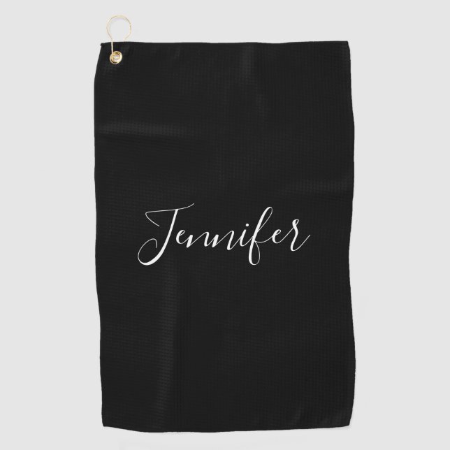 Dein Name | Elegantes weißes Script auf schwarz Golfhandtuch (Vorderseite)