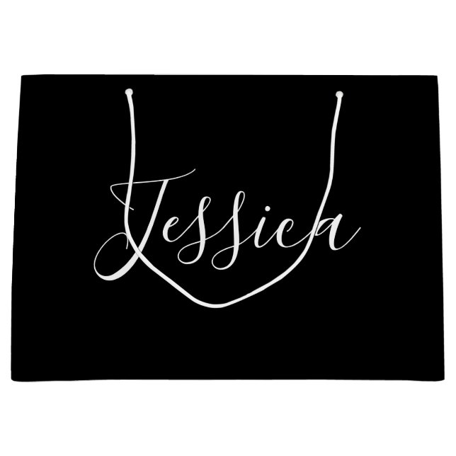 Dein Name | Elegantes weißes Script auf schwarz Große Geschenktüte (Vorderseite)