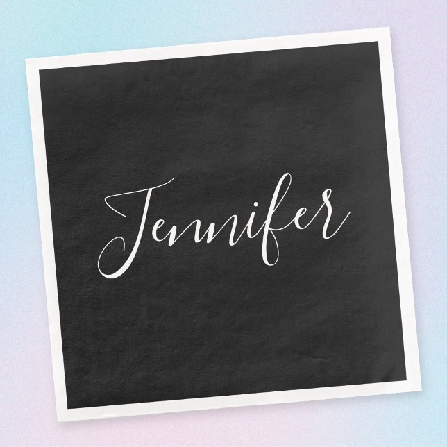 Dein Name | Elegantes weißes Script auf schwarz Serviette (Von Creator hochgeladen)