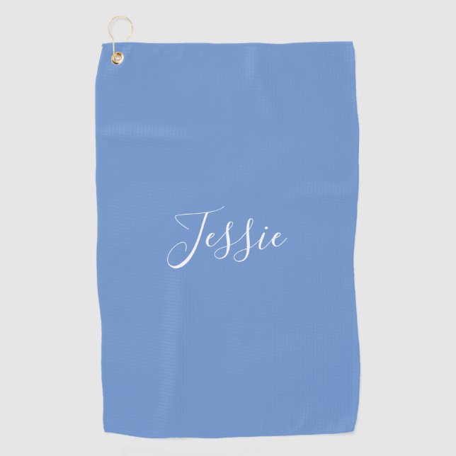 Dein Name | Elegantes weißes Skript auf Soft Blue Golfhandtuch (Vorderseite)