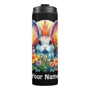 Dein Name Fluffiger Hase und Blumen Thermosbecher