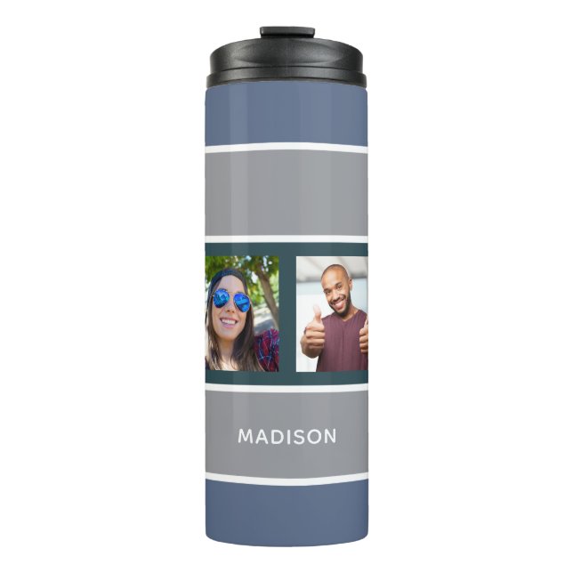 DEINE 4 FOTO & NAME Stripes Muster Thermosbecher (Vorderseite)