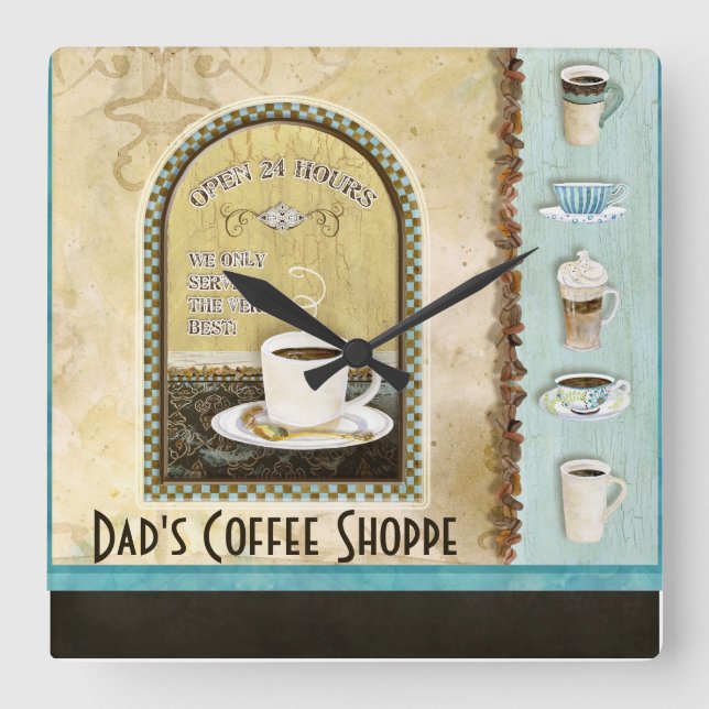 Deja' Brew Coffee Art Cups Tasse Koffein Quadratische Wanduhr (Vorderseite)
